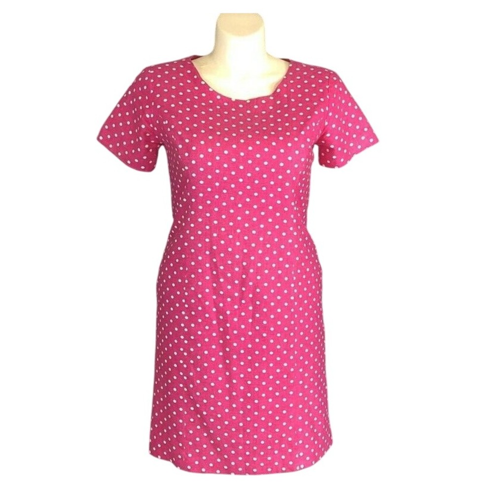 ADOLFO STUDIO Dress 12 Dark Pink White Polka Dot Linen Blβ Sheath Short Sl